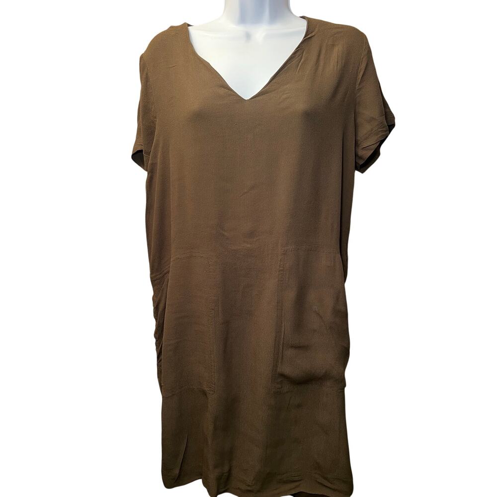 Madewell Womens V-Neck Button Back Pocket Shift Dress Olive Brown Size M